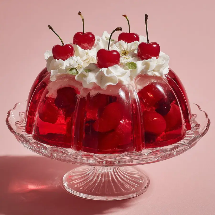 A red gelatin dessert with fruit inside, topped with whipped cream and cherries, sits on a clear glass cake stand against a pink background.