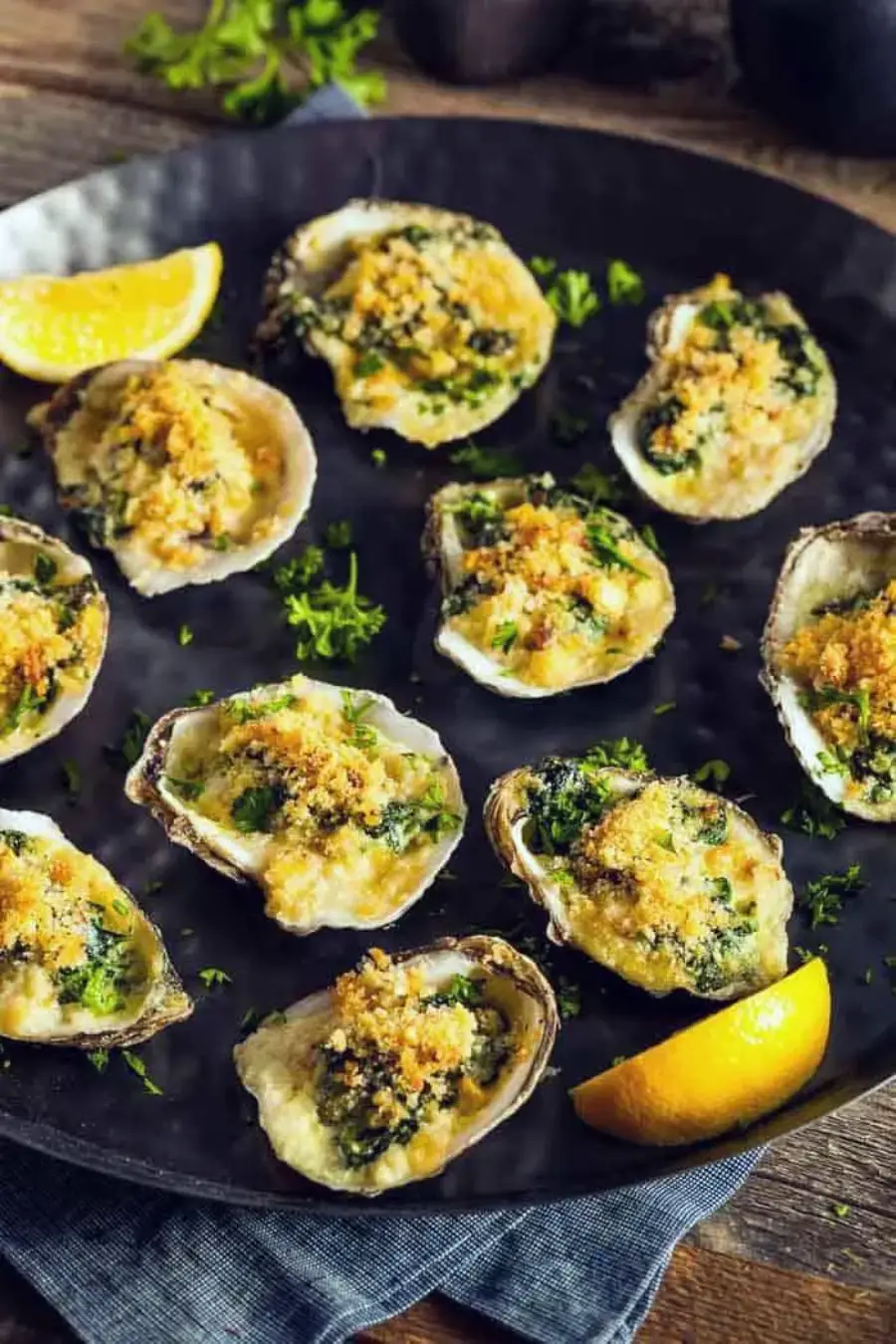 A black plate with baked oysters topped with golden breadcrumbs and herbs, garnished with chopped parsley and lemon wedges on the side.