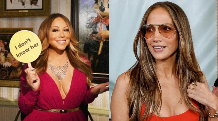 On the left, a woman in a red dress holds a sign that says "I don't know her" and smiles. On the right, another woman in sunglasses and an orange outfit poses and smiles.