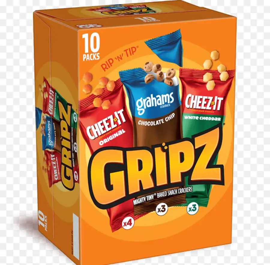 Orange box of GRIPZ snack packs with Cheez-It Original, Cheez-It White Cheddar, and Grahams Chocolate Chip varieties. The front shows images of the three snack packs and indicates there are 10 packs inside.
