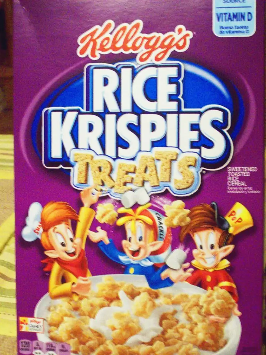 A box of Kellogg's Rice Krispies Treats cereal featuring the animated mascots Snap, Crackle, and Pop above a bowl of cereal with milk, on a purple background.