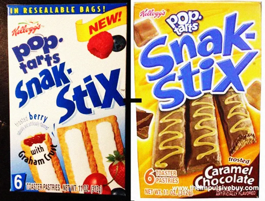 Two boxes of Kellogg's Pop-Tarts Snak-Stix, one in Frosted Berry with Graham Crust flavor and the other in Frosted Caramel Chocolate, showing images of the pastries on each box.