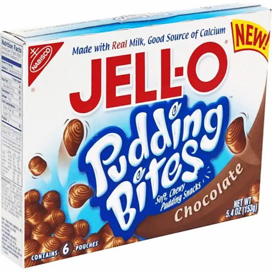 A box of JELL-O Pudding Bites in chocolate flavor, featuring images of the soft, chewy snacks on the packaging. The box highlights “Made with Real Milk,” “Good Source of Calcium,” and contains 6 pouches.