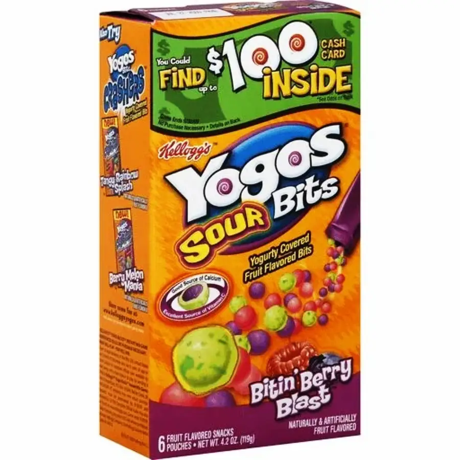 Kellogg's Yogos Sour Bits box in Bitin Berry Blast flavor, featuring colorful fruit snack images, a passion fruit, and bold text advertising a chance to find up to $100 cash card inside.