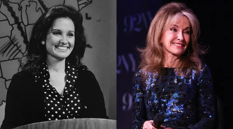 A split image shows a woman smiling at a podium in a black-and-white photo on the left, and the same woman older, holding a microphone and wearing a sparkly dress, on the right.