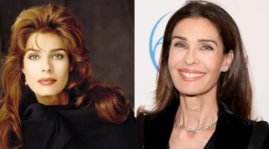 Side-by-side images of a woman with long brown hair: on the left, she is younger with voluminous hair and a serious expression; on the right, she is older, smiling, and wearing a black outfit with a necklace.
