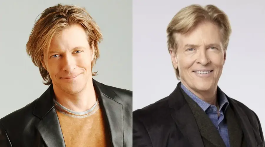 Side-by-side portraits of the same man at different ages, with blonde hair and blue eyes, wearing a black jacket in the left photo and a suit with a blue shirt in the right photo.