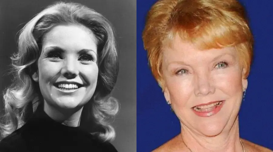 Side-by-side portraits of a woman: on the left, a black-and-white photo of her younger, smiling with wavy hair; on the right, an older version with short blonde hair, also smiling, in color.