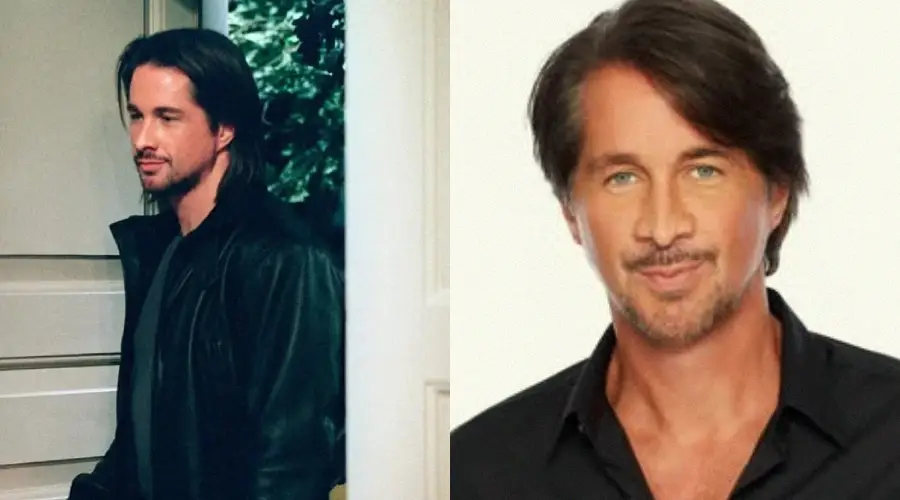 Side-by-side images of the same man, with dark hair and light eyes; on the left, he wears a black leather jacket, and on the right, he wears a black shirt and smiles at the camera against a light background.