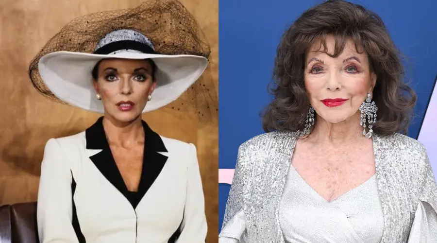 Side-by-side photos of an elegantly dressed woman: on the left, she wears a black-and-white outfit with a large hat; on the right, she has gray hair, wears a silver dress, and poses in front of a blue background.