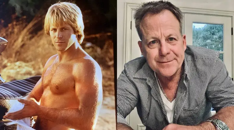 Side-by-side photos of the same man at different ages: on the left, he is young, shirtless, with blond hair outdoors; on the right, he is older, with short brown hair, wearing a checked shirt, indoors by a window.