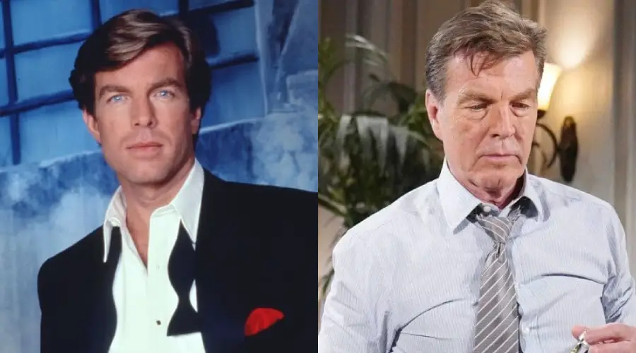 Side-by-side images of a man: on the left, he is younger, wearing a suit and looking serious; on the right, he is older, in a shirt and tie, looking down thoughtfully.