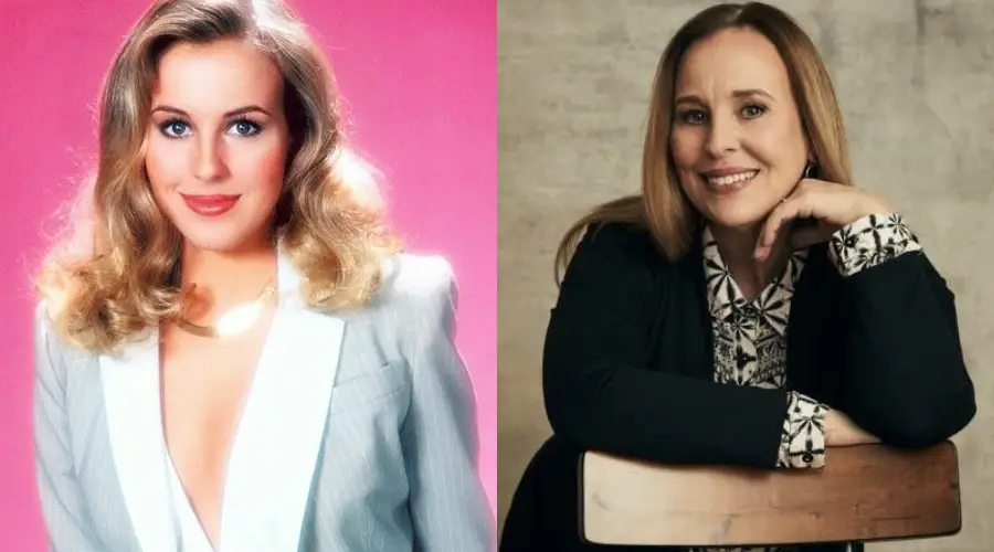 A side-by-side photo shows a woman when she was younger, with long blonde hair, a white blazer, and a pink background, and more recently, smiling with straighter hair, wearing a patterned shirt and black jacket.