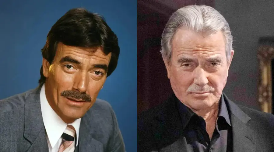 Side-by-side photos of the same man: on the left, he appears younger with dark hair and a mustache, wearing a gray suit and pink tie; on the right, he appears older with gray hair and mustache, in a dark shirt and jacket.