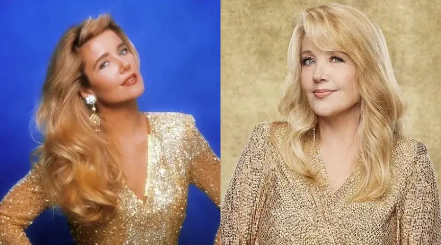 A woman with long blonde hair wearing a sparkly gold outfit is shown in two side-by-side portraits: one younger with a blue background, and one older with a gold background, both with similar poses and expressions.
