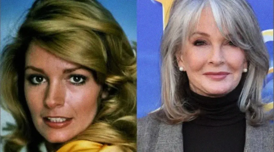 Side-by-side photos of the same woman: on the left, she is younger with long blonde hair; on the right, she is older with gray hair, wearing a black turtleneck and gray blazer, smiling slightly.