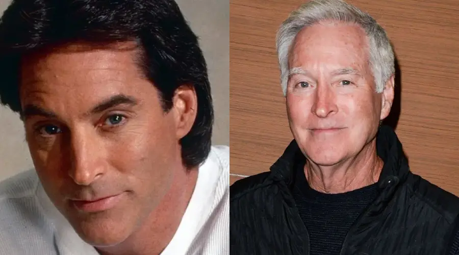 Side-by-side photos of the same man; on the left, he is younger with dark hair, wearing a white shirt, and on the right, he is older with gray hair, wearing a black jacket, against a wood background.