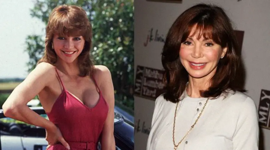 Side-by-side photos of a woman: on the left, she is young, outdoors, wearing a sleeveless red dress and smiling; on the right, she is older, indoors, smiling, and wearing a light-colored blouse with a necklace.