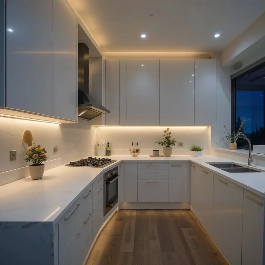 Modern kitchen with white cabinets, marble countertops, built-in stove, and under-cabinet lighting. Plants and small decorations are placed on the counters, and there’s a large window letting in evening light.
