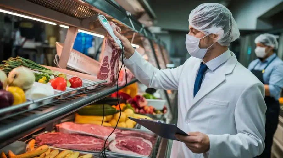 A man in a white coat, hair net, and face mask inspects meat with a thermometer at a grocery store display, holding a clipboard. Various fruits, vegetables, and meat cuts are visible in the showcase.