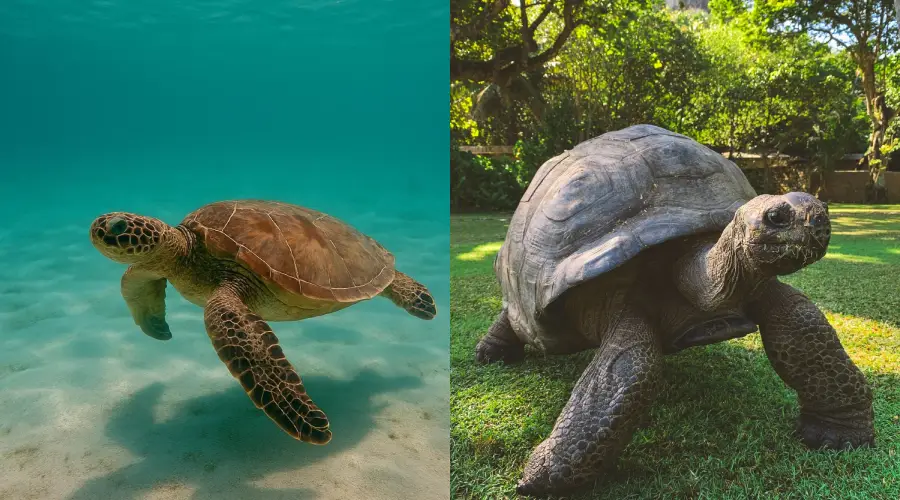 Split image: Left side shows a sea turtle swimming underwater; right side shows a giant tortoise standing on grass in a sunlit, leafy outdoor setting.