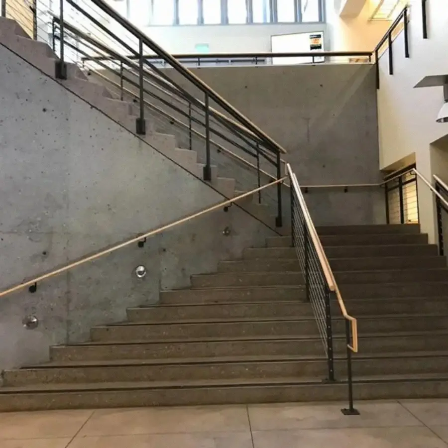 A concrete staircase splits into two sections, one ascending straight and the other veering left, each with metal railings; modern architecture with large windows above lets in natural light.