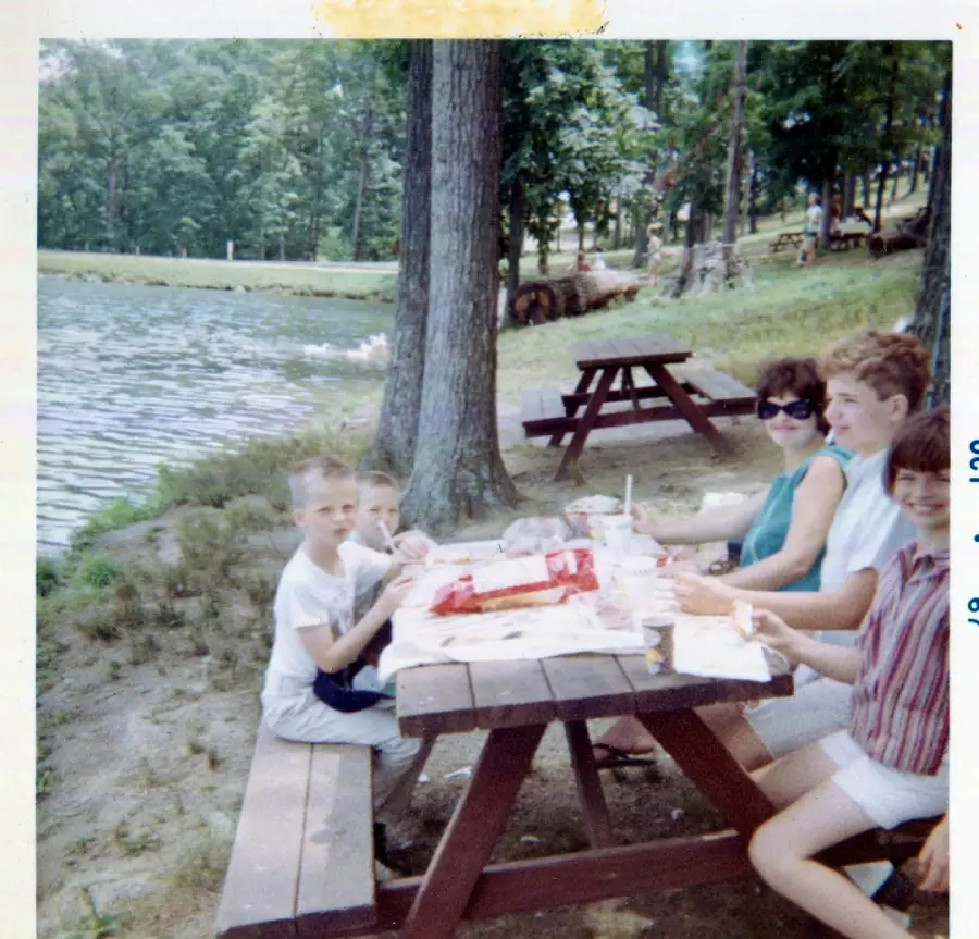 A family sits at a wooden picnic table by a lakeside, enjoying a meal outdoors. Trees and another empty picnic table are in the background. The scene is bright and summery.