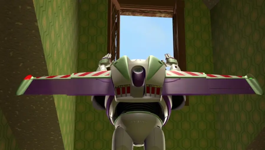Buzz Lightyear, a toy astronaut with extended wings, stands at an open window looking at the blue sky outside. The room has green patterned wallpaper and light coming through the window.