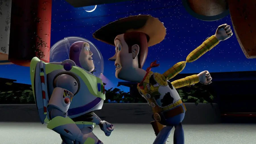 Buzz Lightyear and Woody from Toy Story argue under a starry night sky, with Woody raising his arm angrily and Buzz looking surprised.