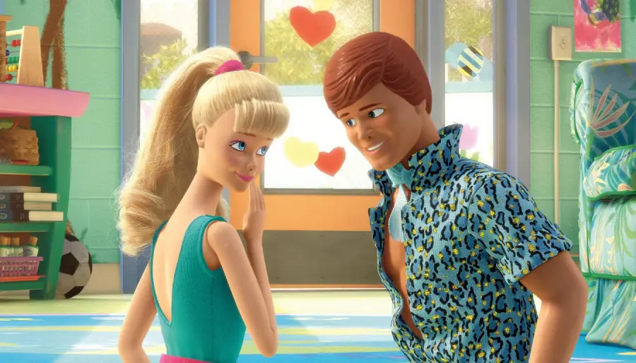 Two animated dolls, Barbie and Ken, stand close together in a colorful room with heart shapes on the door behind them. Barbie wears a turquoise outfit and ponytail; Ken wears a blue leopard-print shirt, smiling at her.