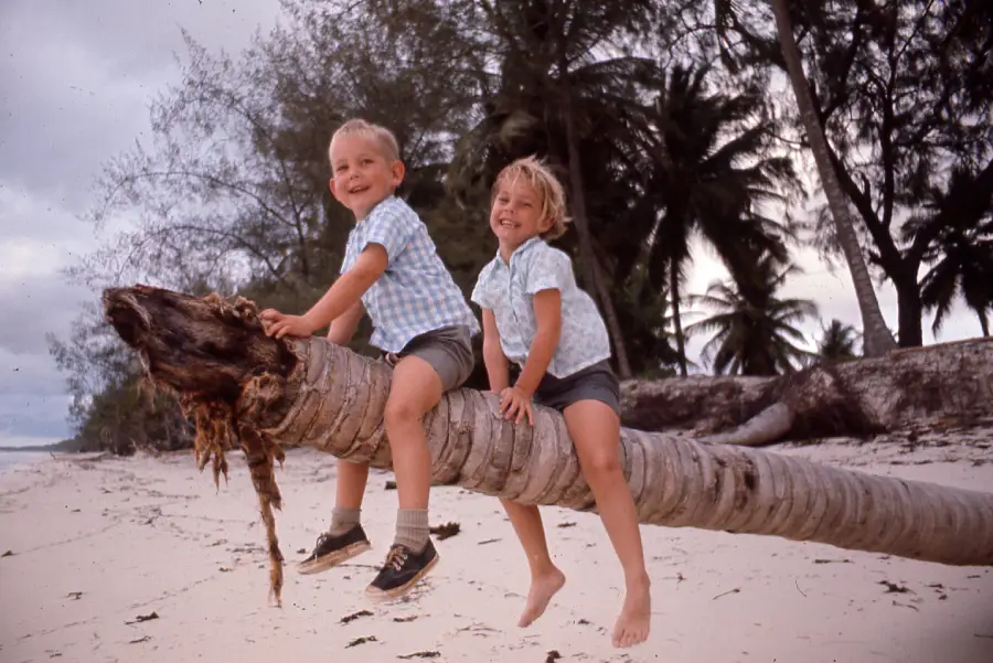 Two young children in matching outfits smile while sitting on a fallen palm tree trunk on a sandy beach, with palm trees and cloudy skies in the background.