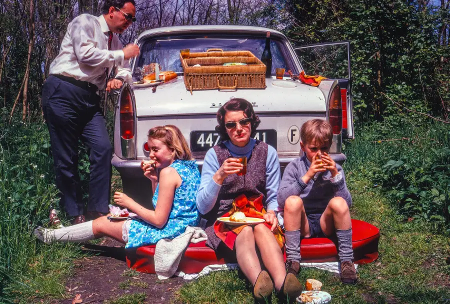 A family of four enjoys a picnic by their car in a grassy area. The trunk is open with a basket and food, while three sit eating on a blanket and one stands by the car, all dressed in 1960s-style clothing.