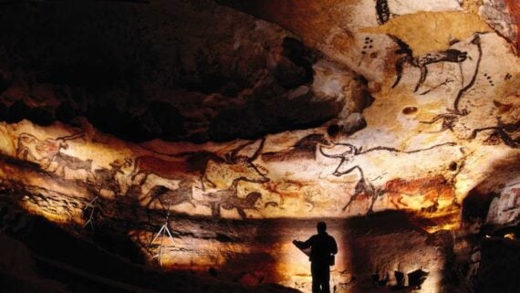 A person stands inside a cave, illuminated by lights, looking up at prehistoric cave paintings of animals on the rough, curved ceiling and walls.