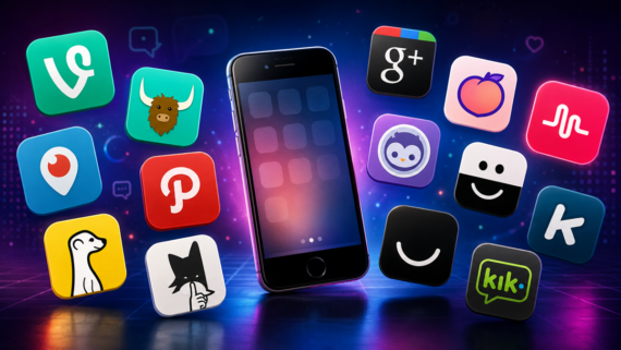 A smartphone is surrounded by icons of various social media and messaging apps on a glowing, digital background.