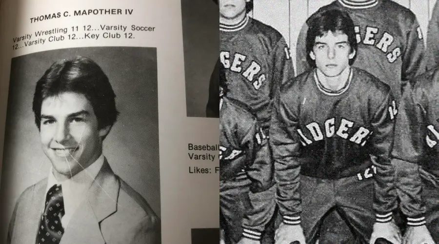 Two black-and-white yearbook photos: left, a young man in a suit and tie with text about his activities; right, the same young man in a "Tigers" athletic uniform crouching with his teammates.