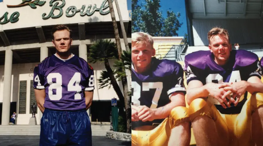 Two photos: Left, a man in a purple football jersey with number 84 stands outside a stadium. Right, two men in football gear sit on benches, both wearing purple jerseys, one with number 84 and the other with 87.