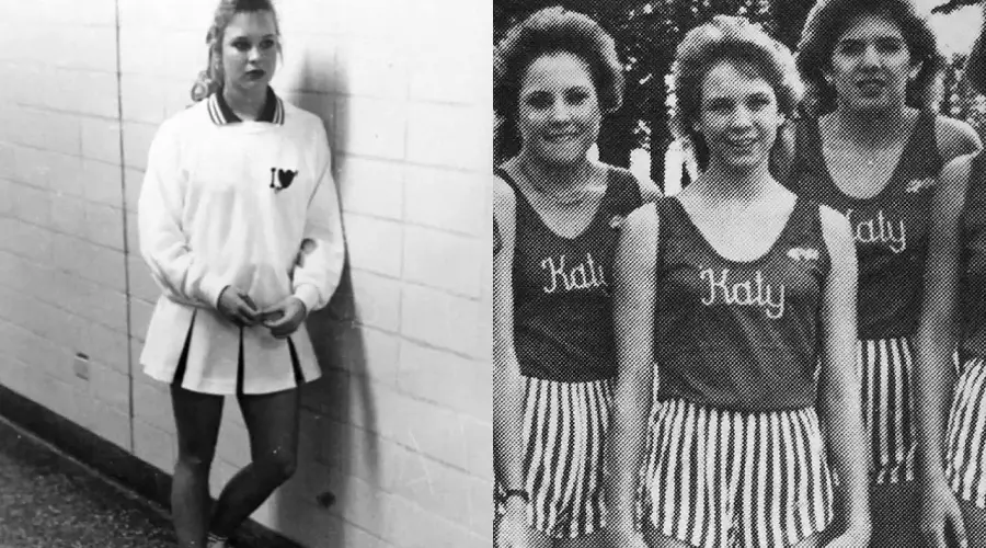 Two black and white photos: left, a young woman in a sports uniform stands by a tiled wall; right, four smiling girls in matching “Katy” athletic uniforms with striped shorts pose together.