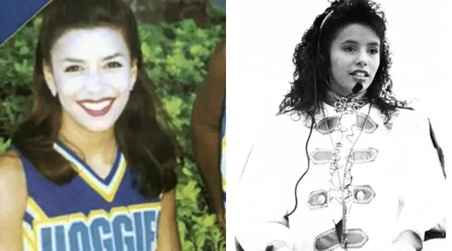 Two young women in vintage photos: on the left, a cheerleader smiling in uniform; on the right, a woman in a decorative outfit speaking into a headset microphone.