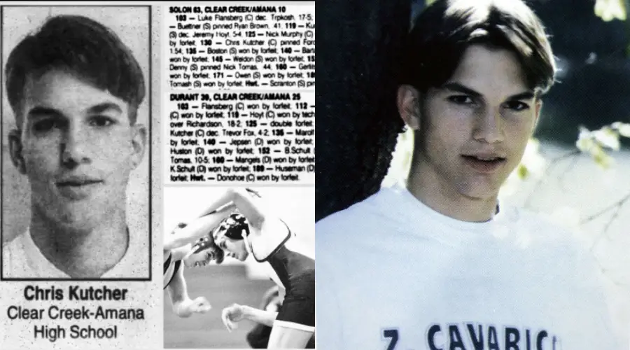 Two yearbook-style photos of a teenage boy. The left side shows a black-and-white headshot labeled "Chris Kutcher, Clear Creek-Amana High School" with sports results and a wrestling picture below. The right side is a color photo of him outdoors.