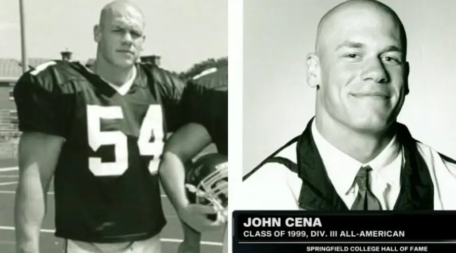 Two black-and-white photos of a young man: left, wearing a football uniform with the number 54 on the field; right, a formal portrait labeled "John Cena, Class of 1999, Div. III All-American.