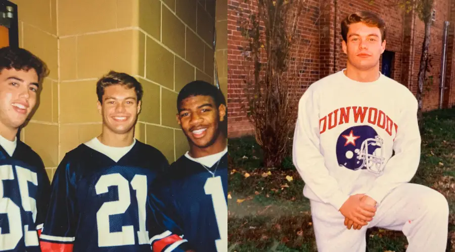 Three young men in dark football jerseys smile indoors; the right side shows a man outdoors in a white "Dunwoody" football sweatshirt, kneeling on grass near a brick wall.