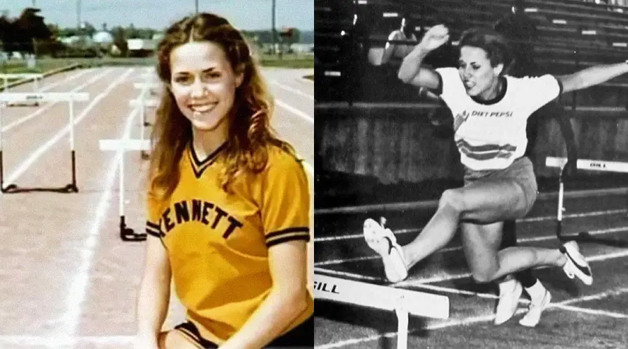 Two images: On the left, a young woman in a yellow "Bennett" shirt sits on a track. On the right, the same woman jumps over a hurdle during a race, wearing athletic shorts and a t-shirt.