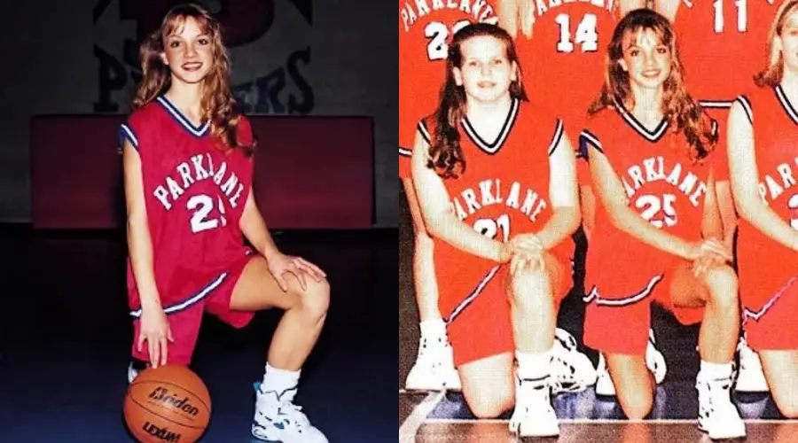 Two photos of a teenage girl in a red Parklane basketball uniform, posing with a basketball on the left and kneeling with teammates on the right.