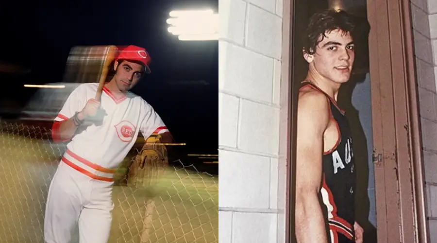 A split image shows a young man in a red and white baseball uniform holding a bat on the left, and the same young man in a black basketball uniform standing in a doorway on the right.