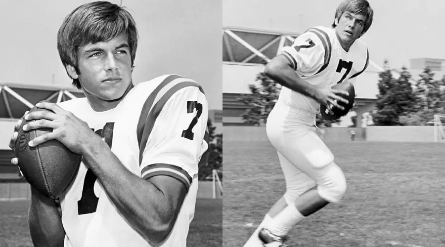 Two black-and-white photos of a young male football player wearing a number 7 jersey, holding a football, outdoors on a field with buildings and trees in the background.