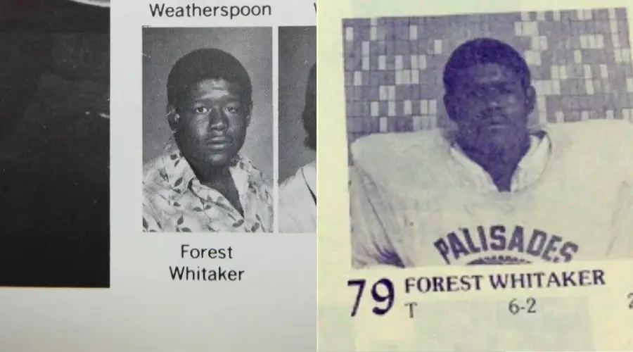 Two yearbook photos: Left shows a young man in a floral shirt labeled "Forest Whitaker." Right shows the same young man in a football uniform labeled "Palisades" and "Forest Whitaker," jersey number 79.