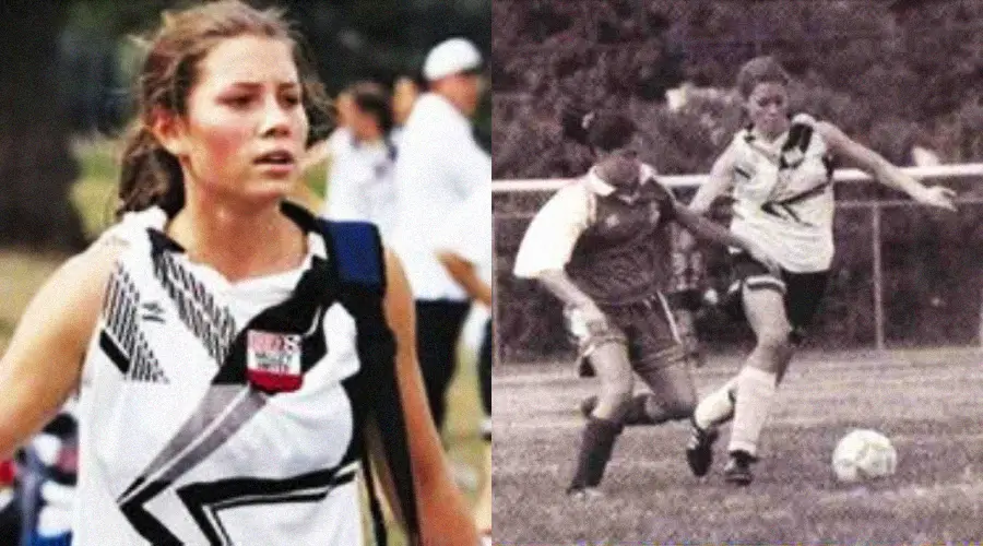 Split image: On the left, a young woman in athletic gear stands outdoors. On the right, a black-and-white photo shows her playing soccer, dribbling the ball as an opponent tries to defend.