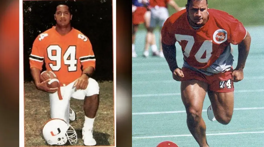 Two images side by side: on the left, a football player kneels in an orange jersey holding a football; on the right, the same athlete sprints on a track in a red jersey, both with "94" or "74" on them.