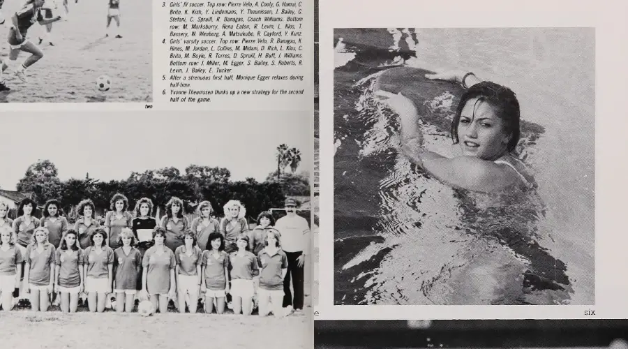Yearbook page with a black-and-white group photo of a girls’ soccer team and a separate photo of a woman in a swimming pool, along with a list of soccer team members’ names and brief captions.