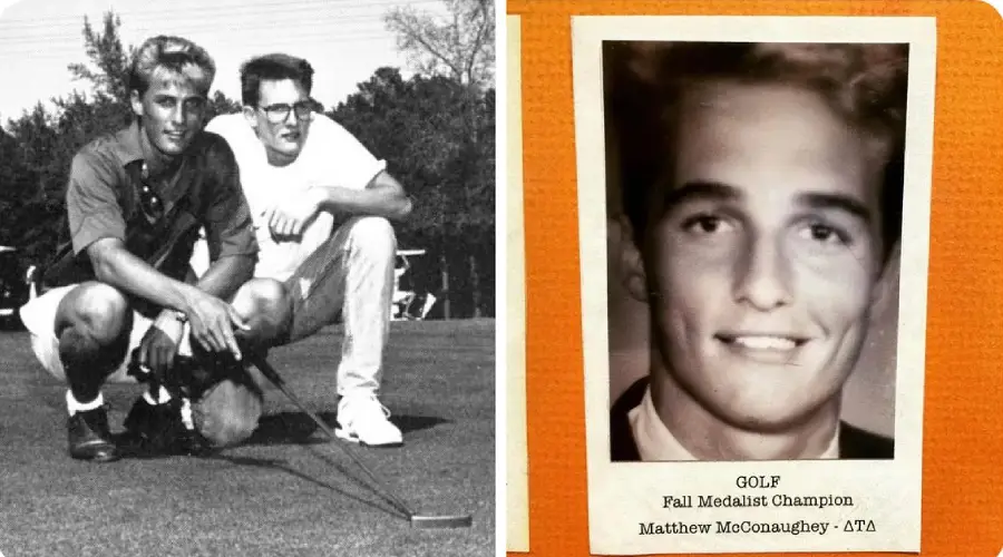 Two young men pose on a golf course in a black-and-white photo. Next to it is an old photo ID for a golf medalist named Matthew McConaughey.